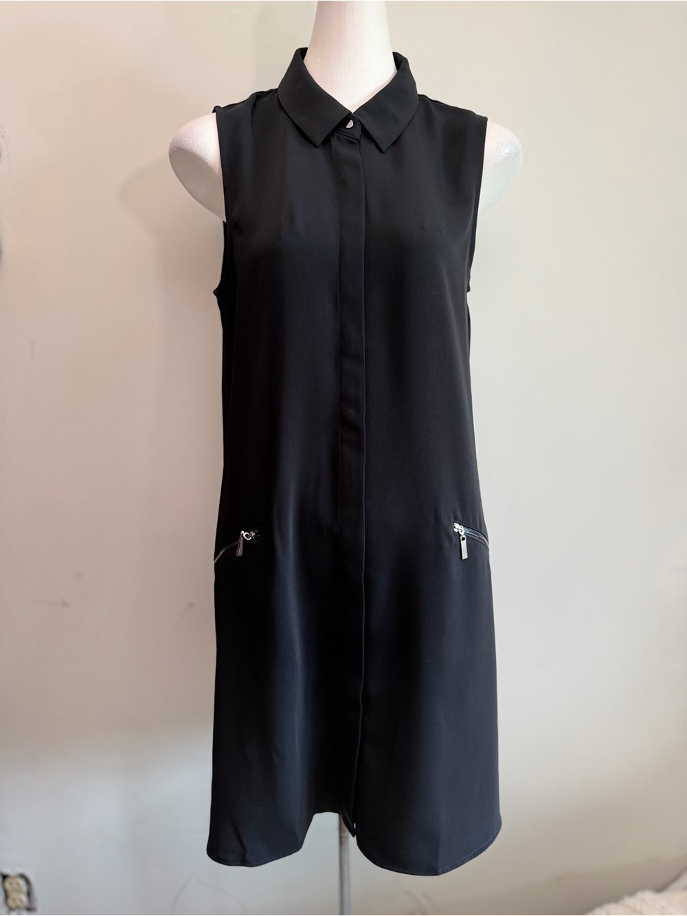 Alfani Petite Black Sleeveless Shirt Dress 10P Zip Pockets NWOT